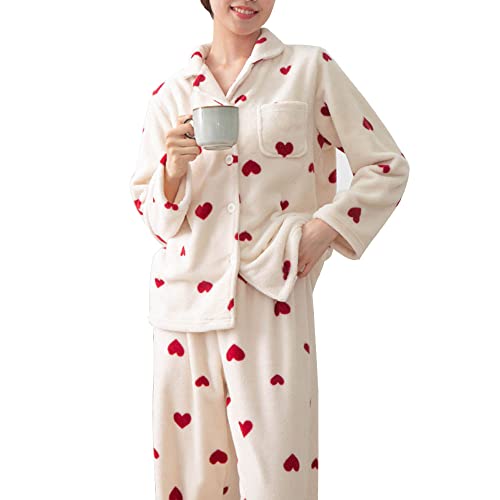 Chickwin Pigiama Donna Invernale Flanella Morbida Caldo, Moda Comfort Pigiama di Pile Due Pezzi, Set Pigiama con Camicia a Maniche Lunghe con Bottoni e Pantaloni