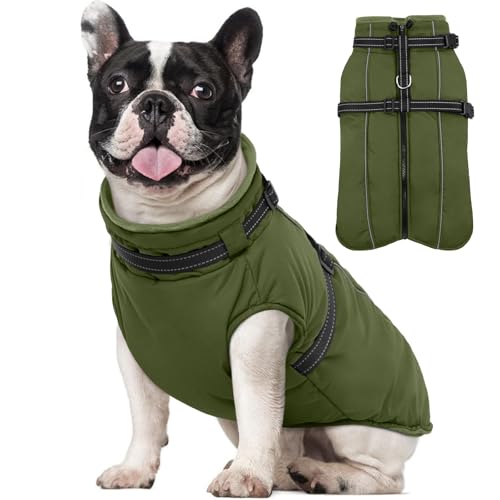 Lelepet Waterproof Dog Jacket with Harness Built in Warm Dog Winter Coat, Reflective Jacket Fleece Jacket, Dogs Coats for Small Dogs, Thermal Pet Snowsuit for Cold Weather, Yorkshire, Army G