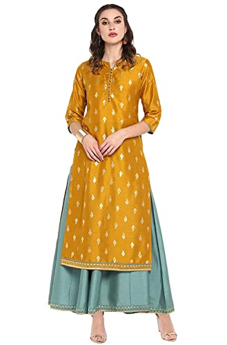 Janasya Indian Women's Silk Blend Mustard Foil Print Festive Wear Ethnic Dress for Women