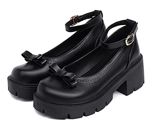 UniqueStride Women's Retro Platform Ankle Strap Round Toe Chunky High Heel Pumps Buckle Bow Dress Shoes