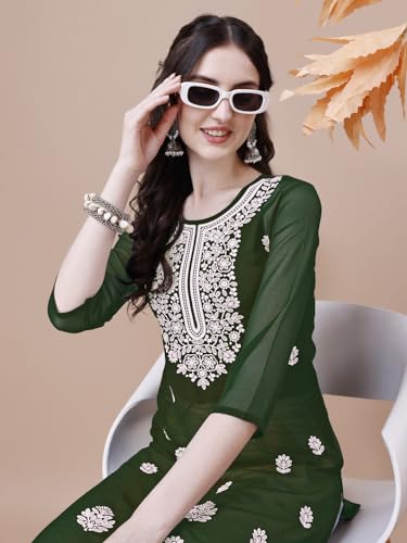 Image of EthnicJunction Women's Georgette Embroidered Straight Kurta | Summer Kurti | Short Kurti for Women | Top for Office |Women's Tunics Tops | Kurta Shirt Top | Regular Fit Top | Tops for Jeans for Women