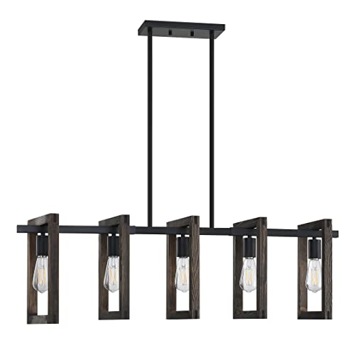 Doraimy Lighting 5 Light Rustic Farmhouse Natural Pine Wood Hanging Kitchen Island Chandelier Light Fixture With Black Metal Frame For Entryway Dinning Room Bedroom #TOP1