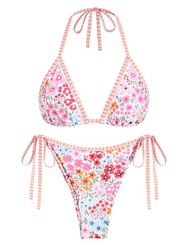 Image of ZAFUL Womens Printed Triangle Bikinis 2 Piece Halter Bikini Sets High Cut Bathing Suit Side Tie Swimsuits