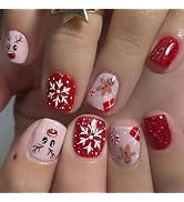 Christmas Press on Nails Short Square MABKJLF Winter Fake Nails False Nails with Reindeer Snowfla...