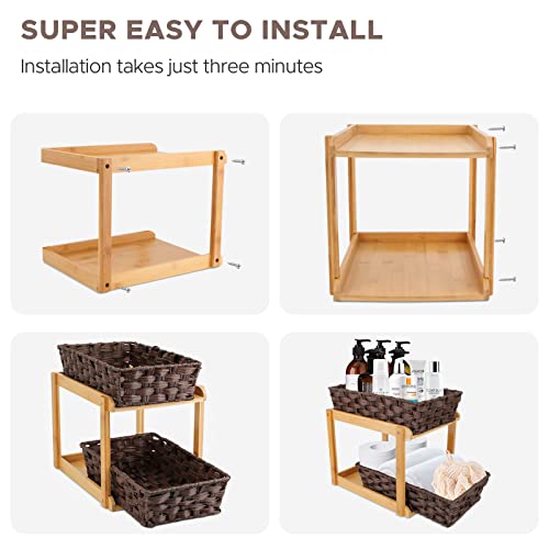 Tcjj 2-Tier Woven Baskets For Storage, Under Bathroom/Kitchen Sink Organizers And Storage, 2 Sliding Storage Baskets And Bamboo Tray For Bathroom Kitchen Pantry Medicine Cabinet Counter (Brown) #TOP5