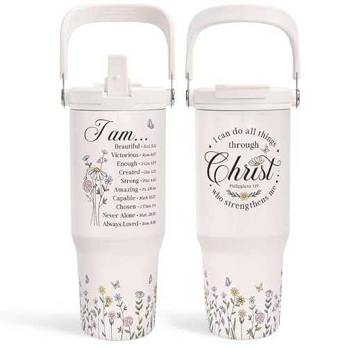 SANDJEST Christian Tumbler with Handle 30oz, Religious Gifts for Women, Stainless Steel Flip Straw Insulated Tumblers Coffee Travel Cup, Inspirational Gifts for Her for Birthday Christmas Mothers Day