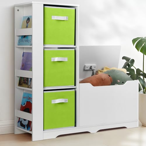 Cowiewie Kids Bookshelf with Reading Nook, Kids Toy Storage Organizers with Safety Hinged Seat, Montessori Wooden Storage Organizer Bench for Bedroom, Playroom and Bedroom – Green