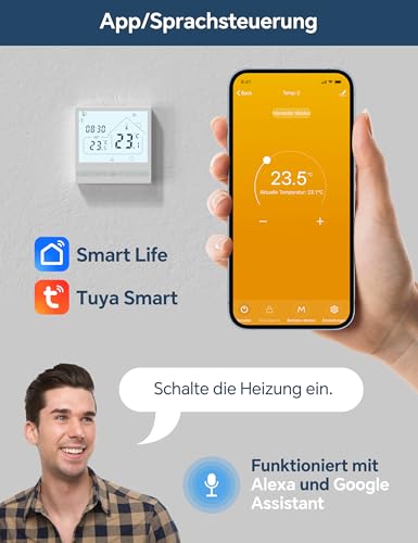 Beok Thermostat WiFi Für Elektrische Fußbodenheizung Raumthermostat Fussbodenheizung Smart Heizungsthermostat Digital Kompatibel Alexa Echo, Google Assistant Tuya WLAN App 16A TOL47WIFI