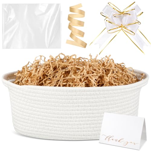 Image of Colingmill Woven Basket with Gift Bags and 2 Ribbons, Raffia Grass Paper Shred Filler, Gift Card, Empty Small Rope Basket for Storage Presents Toy Organizer(White,14 * 10 Inch)