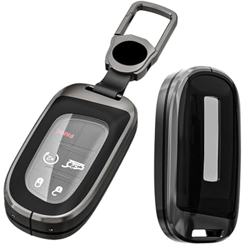 K LAKEY Alloy Metal Key Fob Cover,Compatible with Jeep Grand Cherokee Renegade Compass Dodge Durango Journey Charger Challenger Key Fob,Armor TPU Key Fob Protector Case Black Cover