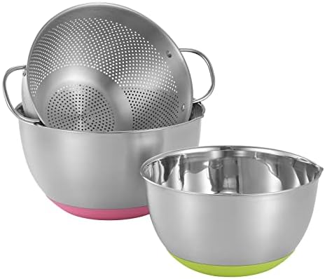 KINGBON Mixing Bowl Set 3 Pieces Stainless Steel Mixing Bowl & Colander Set Nesting Kitchen Bowl with Spout & Non-Slip Bottom Metal Mixing Bowl & Colander for Baking, Cooking, Salad Prep