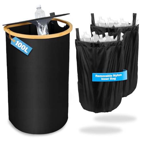 MOWETOO Pfandflaschen Sammelbehälter, 100L Pfandflaschen Aufbewahrung mit 2 Innentasche, Flaschensammler Leergut & Altglas & Altpapier Sammelbehälter, Recycling Behälter mit Deckel und Loch für Küche