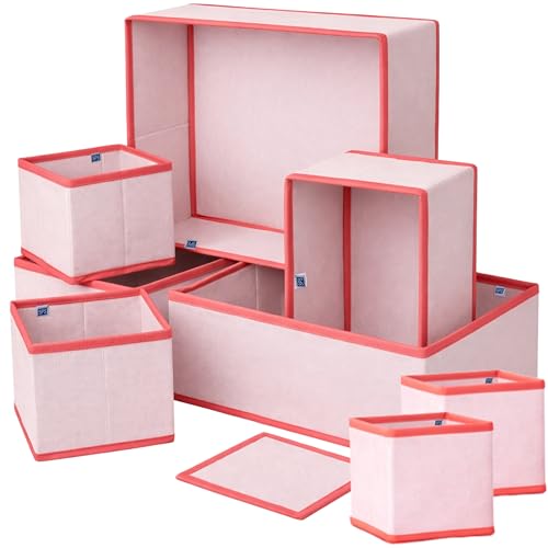 Image of Skrill 8-Piece Foldable Cloth Storage Box Set | Cube Baskets, Bins & Dividers for Closet & Dresser Drawer Organization | Storage for Shirts, Pants, Underwear, Bras, Inners, Socks & More - Pink