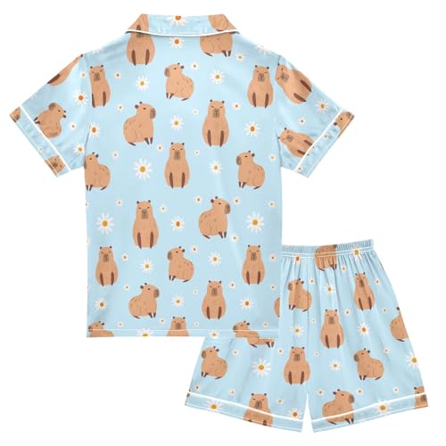 Capybara with Daisy Flowers Blue Summer Satin Pajama Set, Cute Button-Down Sleepwear Pj Set for Sleep Wears2