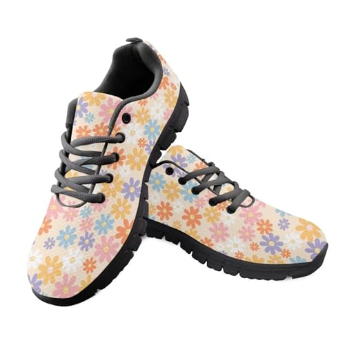 Fuxowvby Hippie Flower Non-Slip Walking Women's Shoes Lightweight Running Shoes Breathable Workout Shoes Lace-Up Gym Sport Shoes Cozy Holiday Tennis Sneakers for Women Black US 8