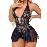 Women Lace Babydoll Halter Deep V Teddy Mini Dress Lingerie Lace Bodysuit Sexy Naughty Body Suits Tops Outfits Black