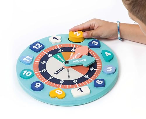 Ludi — Lernuhr aus Schaumstoff — zum Lernen der Uhrzeit und gleichzeitig Spaß haben— Geschicklichkeit und Denken — 2 bewegliche Nadeln und 12 herausnehmbare Zahlen — Verschiedene Formen und Farben