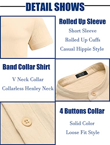 Coofandy Men Summer Henley Shirts Button Vacation Shirt Collarless Casual Shirt Light Khaki #TOP4