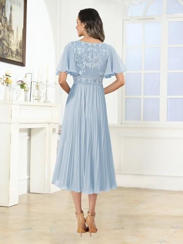 Mother of The Bride Dresses for Wedding V Neck Pleated A Line Tea Length Lace Chiffon Womens Formal Dress4