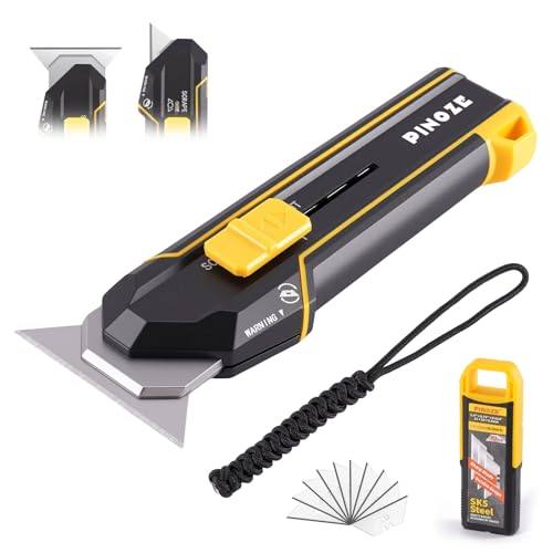 Image of PINOZE Utility Knife Scraper, 3-in-1 Retractable Box Cutter with Lanyard & Blade Storage, Heavy Duty Zinc Alloy Multi-functional Knife with 10pcs SK2 Blades, EDC Tool for Home, Office, DIY