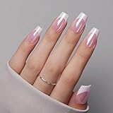 VSALON Press on Nails Short Coffin - Pink French Tips Glazed Chrome Fake Nails Kit, Long-Lasting & Reusable Opaque Soft Gel Glue Fake Nails with Glue & Cuticle Oil - Valentines Gifts for Women
