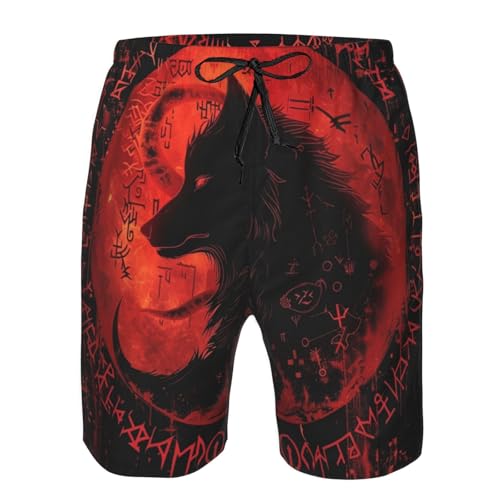 Viking Wolf Runes Celtic Norse Meditation Mythology Ancient Men's Quick Dry Swim Shorts, Mesh Lined Beach Trunks with Pockets