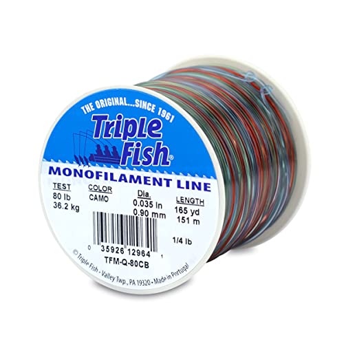 Triple Fish Monofilament Line, 80 lb / 36.2 kg Test.035 in / 0.90 mm Dia, Camo, 1/4 lb / 0.11 kg Spool, 165 yd / 151 m, (TFM-Q-80CB)