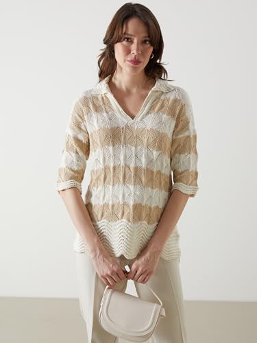LC WAIKIKI Woman Polo Neck Striped Knitwear Sweater XL - Beige