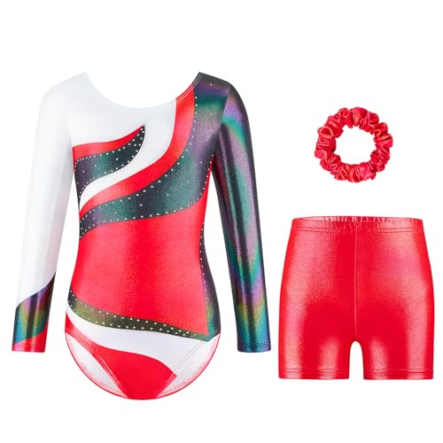 Cucudy Justaucorps de gymnastique 158 pièces pour fille - Dégradé de couleurs - Avec short - Bandeau à cheveux scintillant - Sans manches - Pour la danse, le ballet, la gymnastique - Sportif - Pour