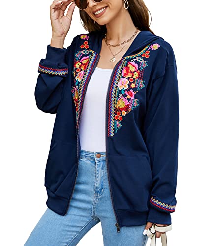 AK Women's Full Zip Long Sleeve Embroidered Sweatshirt Floral Boho Embroidered Mexican Hoodie Fall Winter Coat Tops Jackets3