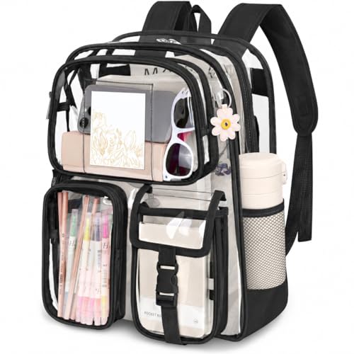 Attmu Clear Backpack for School, Heavy Duty PVC Transparent Bookbag with Reinforced Straps Stitches, Clear Bag for Stadium Events Girls Boys, Large Capacity Backpack for Security College Work - Black