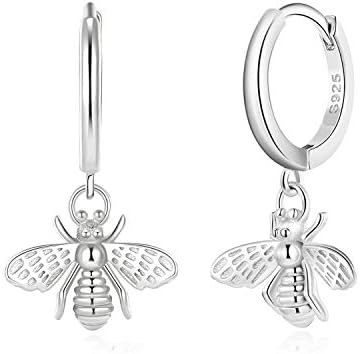 Bee Hoop Earrings Dangle for Women - Small Drop Hoop Earrings with Bee Charm in Sterling Silver for Girls