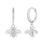 Bee Hoop Earrings Dangle for Women - Small Drop Huggie Hoop Earrings with Bee Charm in Sterling Silver for Her