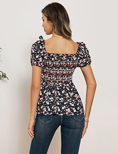 Grace Karin Womens Square Neck Ruffle Hem Shirred Peplum Top Short Sleeve Shirt Blouse Black Xxl #TOP4