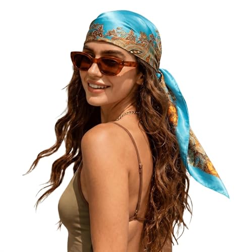 VBAEI 35 Large Square Satin Head Scarf - 1Pcs Satin Hair Scarf Silk Bandana Head Wraps For Women (Blue)