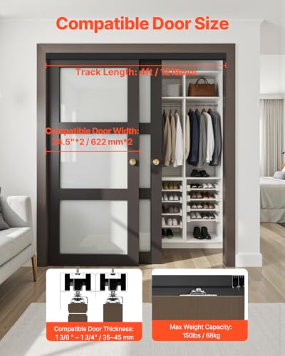 Image of VEVOR Bypass Door Hardware, 4ft Heavy Duty Bypass Sliding Door Hardware Kit, Aluminum Alloy Sliding Closet Door Hardware Set with Finger Pulls, for 2 Door System, Fit Door Thickness 1 3 /8 inch - 1 3 /4 inch