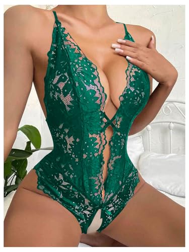 Image of SOLY HUX Women's One Piece Lingerie Sexy Lace Babydoll Deep V Teddy Criss Cross Backless Teddy Mini Bodysuit