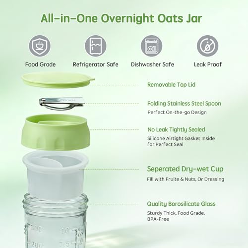 Image of Overnight Oats Containers with Lids & Spoon 4 Pack 16oz, Leak-Proof Glass Over night Oat Jars with Divided Compartments for Fruit & Nuts, Meal Prep Mason Jars for Oatmeal Yogurt Chia Seed Pudding