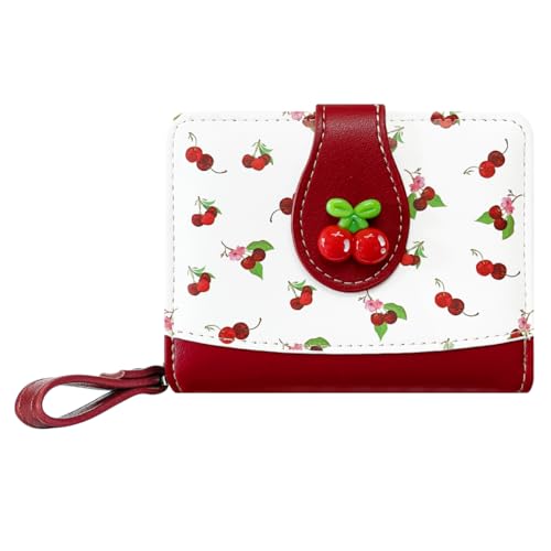 Cute Print Wallet Blueberry Strawberry Cherry Wallet with Credit Card Slot Zipper Coin Pocket for Women Girls (RED)