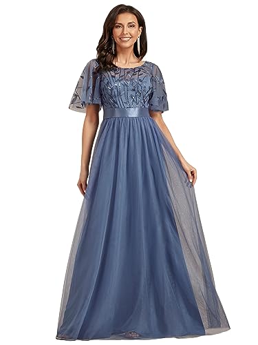 Ever-Pretty Damen Abendkleid A-Linie Spitze Kurze Ärmel Partykleid lang...