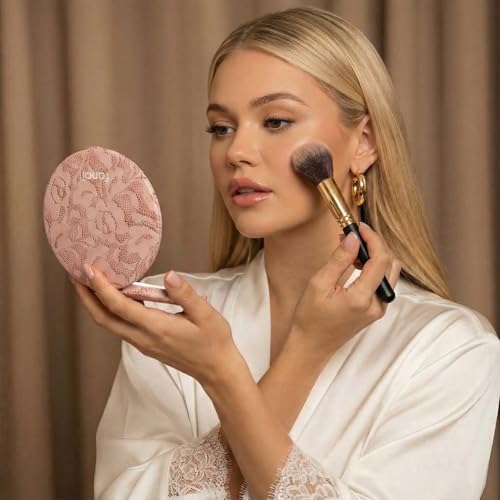 Image of Fancii Taylor LED Lighted Travel Makeup Mirror, Rechargeable, 10x /1x Magnifying, Tru-Glow Lighting System, XL Large 5 inch Wide | Compact Mirror for Purses (Mocha Lace)