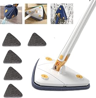 360 Degree Triangle Cleaning Mop Rotatable Adjustable, Cleaning Mop Tools, Multifunctiona Push-Pull Automatic Squeezing Mop(Blue Mop+ 5 PCS Mop Cloth) (White)