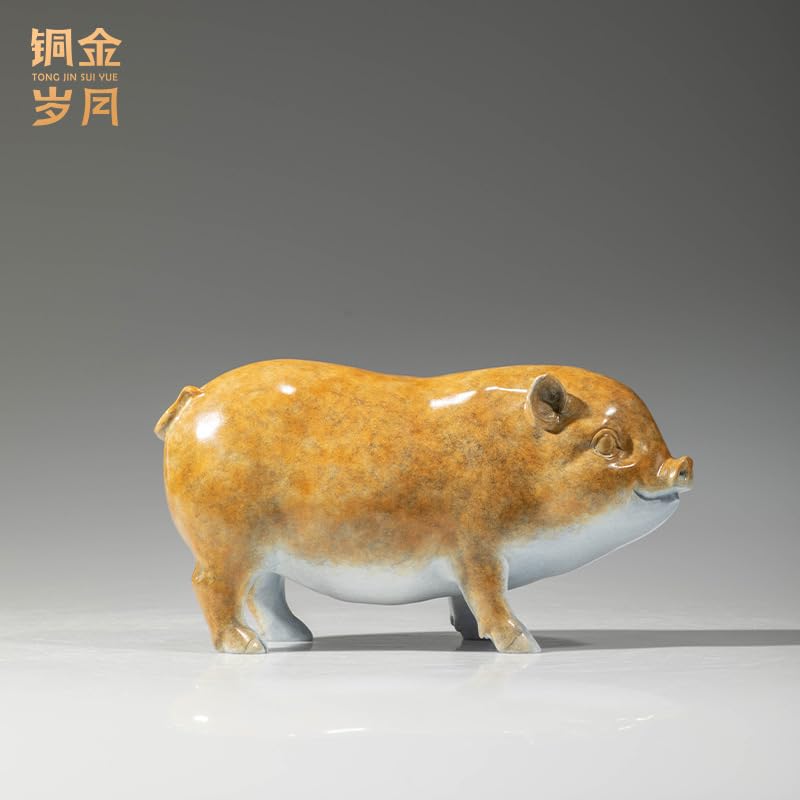 Figurka z mosiądzu Tongyifang Fortune Pig – statua chińskiej świni zodiaku, dekoracja na biurko z litego mosiądzu do salonu, gabinetu i biura, 9,45 "dł. x 3,74" szer. x 5,31 "wys.