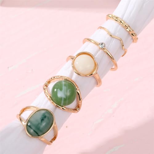 Rrdaily Boho Knuckle Ring Sets for Women,Gold Green Gem Stackable Ring Vintage Green Knuckle Gems Rings Good Luck Midi Finger Rin Aesthetic Statement Thumb Ring Set Jewelry3