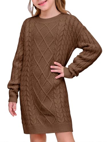 rrhss Girls Cable Knit Long Sleeve Sweater Dress Kids Fashion Fall Tunic Tops Outfits 3-12 Years Brown