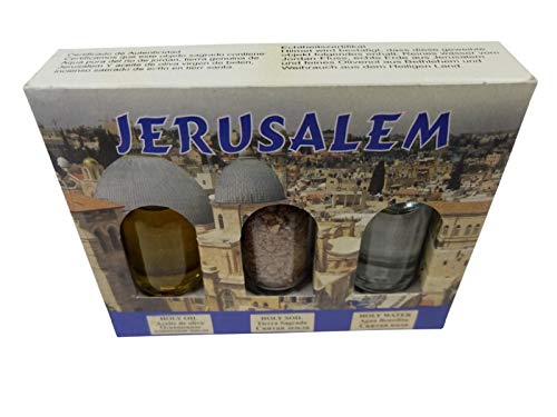 Holy Land souvenir 3 bottle set Jerusalem Holy Earth Holy Olive Oil and Holy Water from the Jordan River from The Nativity Church in Jerusalem