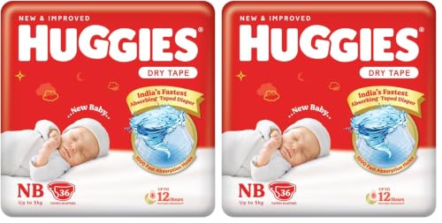 Image of Huggies Dry Tape | Adjustable Tape Style Diapers, Newborn (NB) Size (0-5 Kgs), 36 Count | Up To 2X Faster Absorption, Up To 12 Hours Overnight Absorption (Pack of 2)