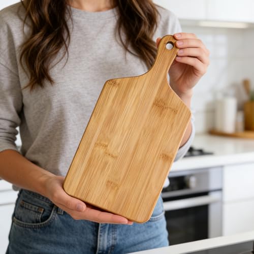 Small Bamboo Cutting Board for Kitchen (13'' x 6.5''), Wooden Cutting Board with Handle, Charcuterie Board, Cheese Board, Decorative Wooden Serving Board