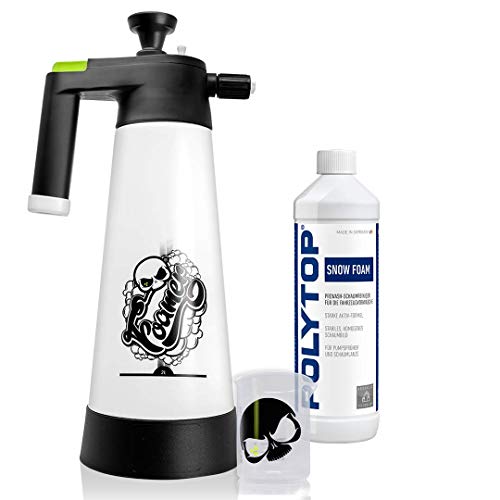 Nuke Guys Snow Foam Set: Nuke Guys Foamer 2L Schaumsprüher + POLYTOP Snow Foam 1L + Nuke Guys Messbecher 150ml skaliert mit Nuke Guys skull