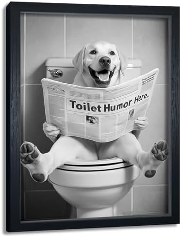 Dog Wall Art - Black And White Animal Painting for Bathroom Restroom Wall Decor - Framed Humorous Bathroom Wall Art Funny Dog Bathroom Sign 8
